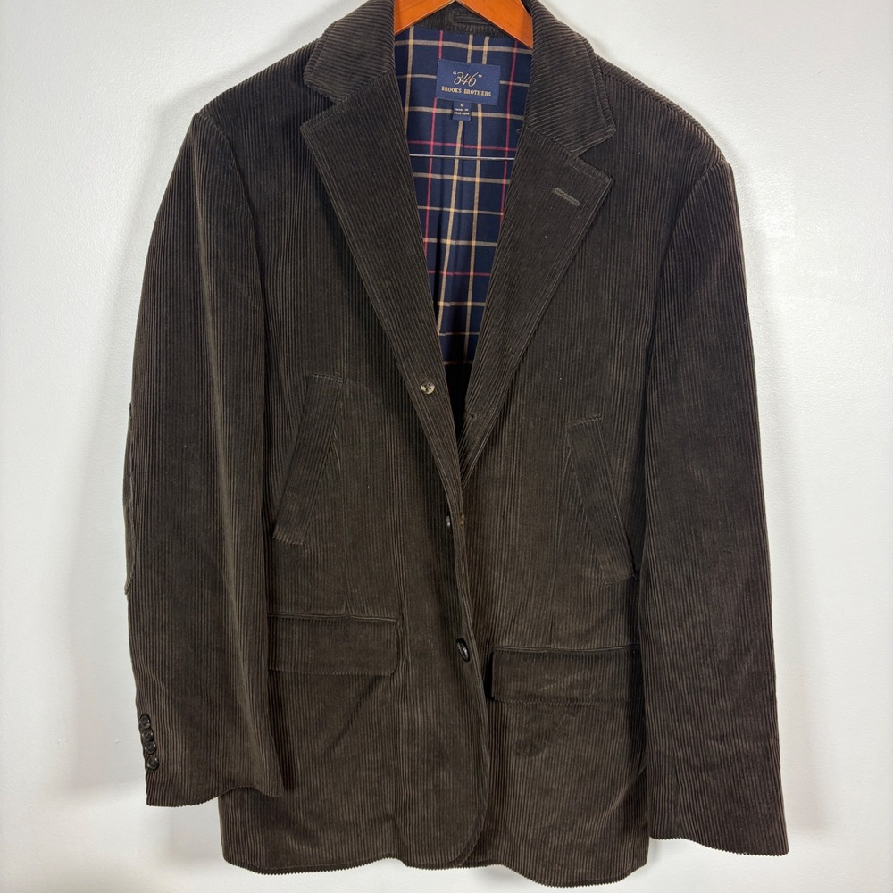 Brooks Brothers 346 Mens Brown Corduroy Blazer Elbow Patches Plaid Lined Medium
